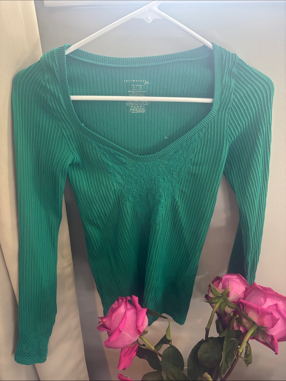 Free People Emerald Green Ribbed Long Sleeve Scoop Top
